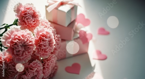 Pink gifts, carnations, paper hearts; soft, gentle light