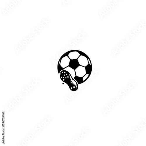 A simple black and white illustration of a soccer ball and a cleated shoe