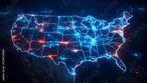 Digital visualization of fiber optic web spanning the USA, showcasing high-speed communication infrastructure in modern layout