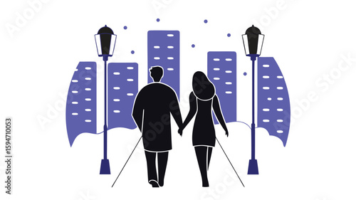 Silhouette of a couple walking in the city at night, urban lifestyle and romantic evening illustration