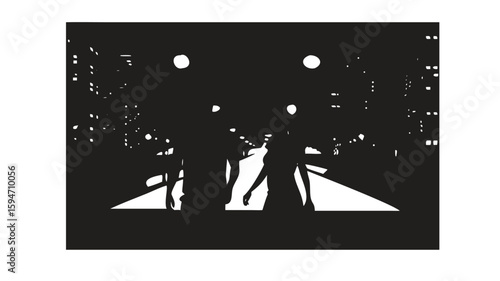 Silhouette of a couple walking in the city at night, urban lifestyle and romantic evening illustration