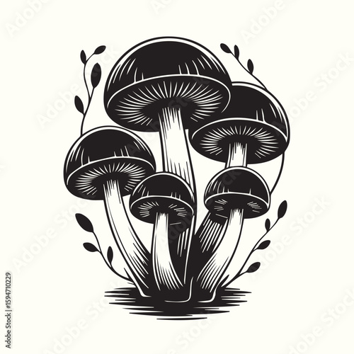 Stylized Mushroom Tattoo Design – Retro Botanical Fungi Print
