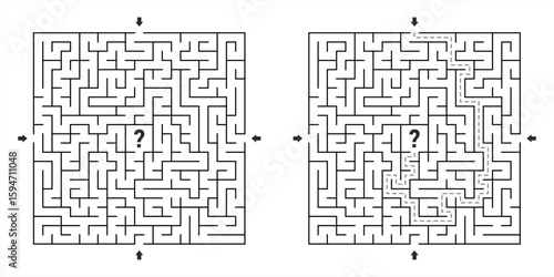 Square maze puzzle with four entrance options and solution path to center, black and white vector illustration for brain training and educational games