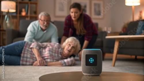 AI for Elderly Care A family reacts urgently as an elderly woman lies on the floor, with a device in the foreground.