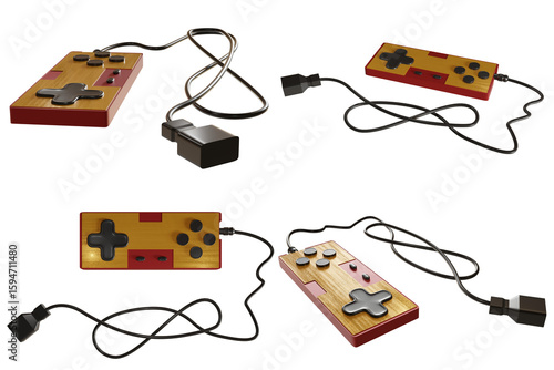 Retro gamepad with cable for old gaming consoles, isolated on transparent background. 3D render.