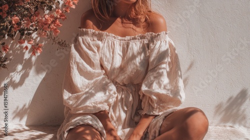 Wallpaper Mural Woman in off-shoulder dress sitting by wall in sunlight and shadows. summer fashion vibe Torontodigital.ca