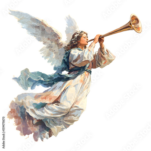Angel with Trumpet Watercolor Illustration - Heavenly Messenger, Christmas, Religious Art