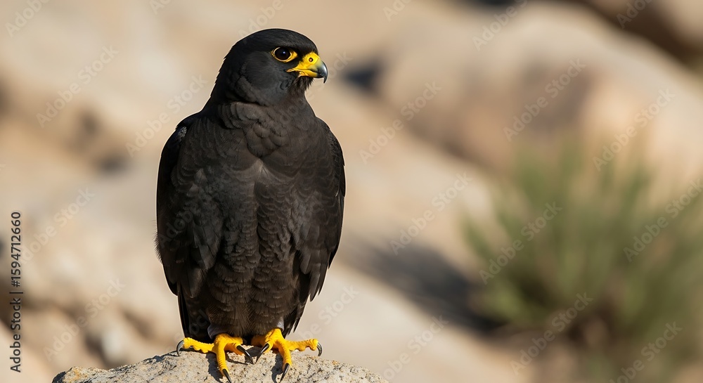Fototapeta premium A dark, majestic falcon perches on a rock, observing its surroundings attentively.