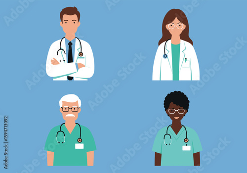Diverse team of four medical doctors male and female professional staff portraits