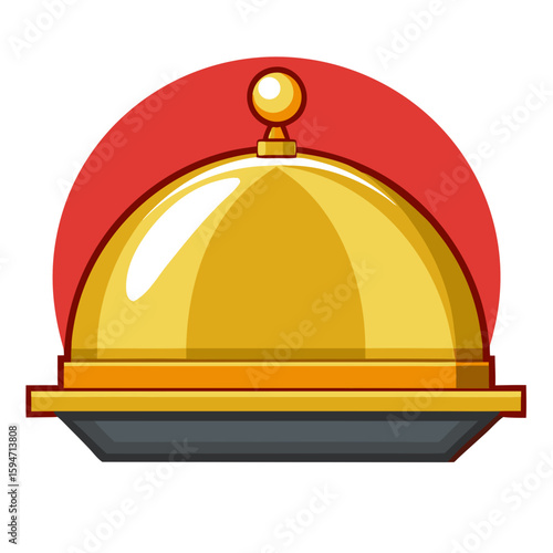 Golden tray with dome bell isolated on a red background symbolizing service and hospitality