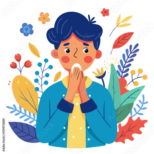 Illustration of a young man experiencing hay fever surrounded by colorful flowers and leaves on a white background