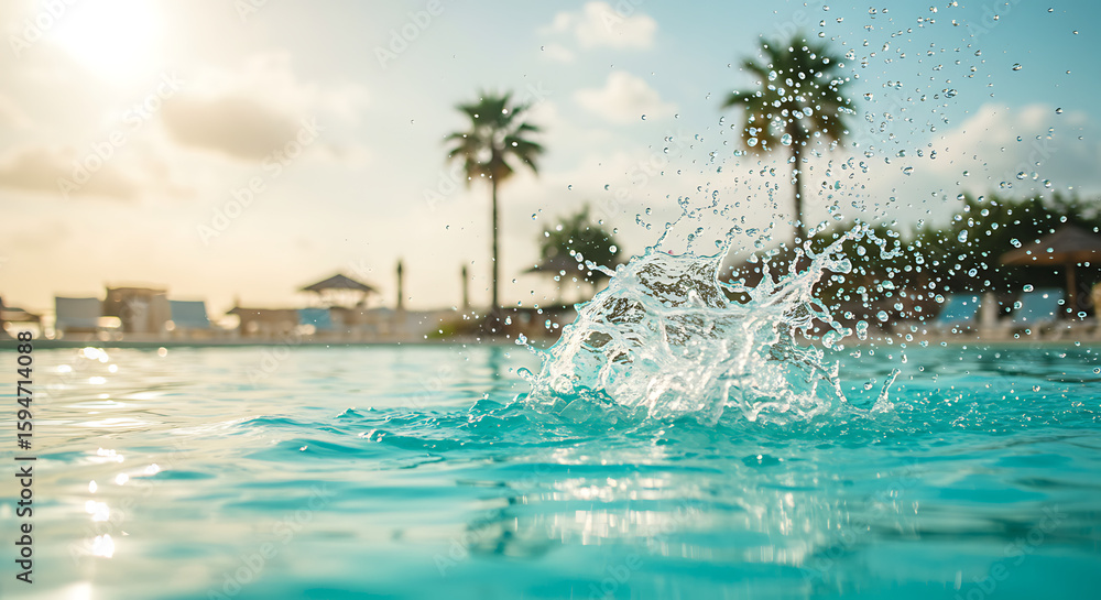 Fototapeta premium Splashing water in pool with palm trees and sunset in background 