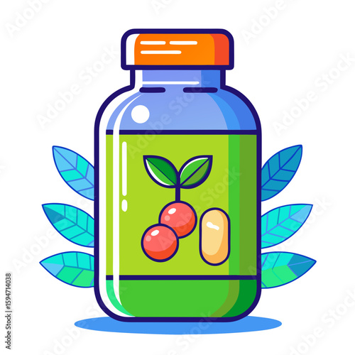 Colorful multivitamin bottle surrounded by leaves representing health and wellness on a white background