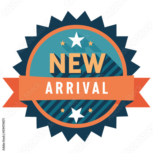 New arrival badge with stars and colorful design on a white background