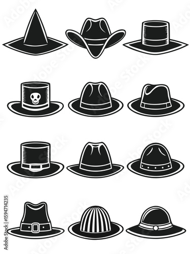 Assortment of black and white headwear designs hats