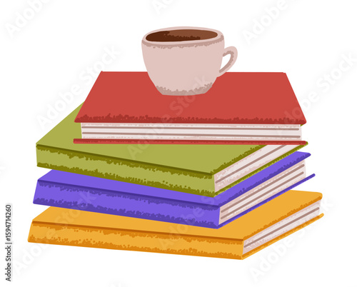 Cozy illustration book stack with cup of tea, coffee. Literature for reading, home library in simple flat style