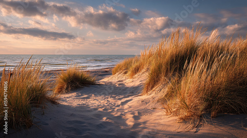 Fototapeta Naklejka Na Ścianę i Meble -  A sandy beach with tall grass dunes and ocean view under cloudy sky