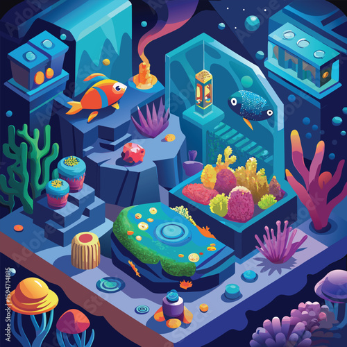 Cartoon vector illustration of an underwater world map with sea animals, fish, and coral patterns for fun children's design
