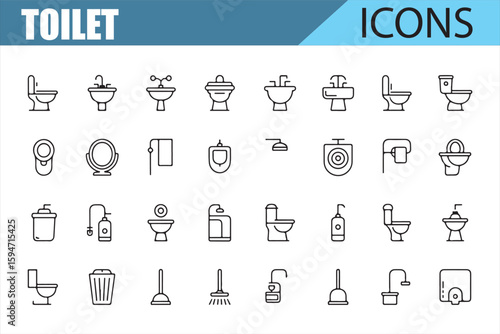 Line Art Icons Representing Toilet and Hygiene Elements for Design