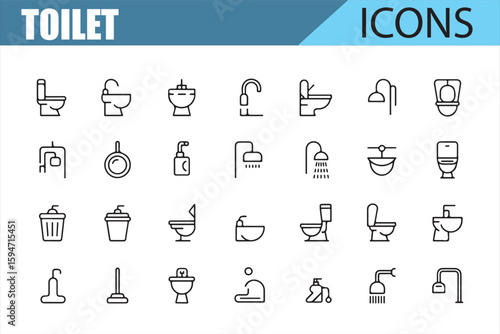 Collection of Bathroom Fixtures and Accessories Icons in Vector Style