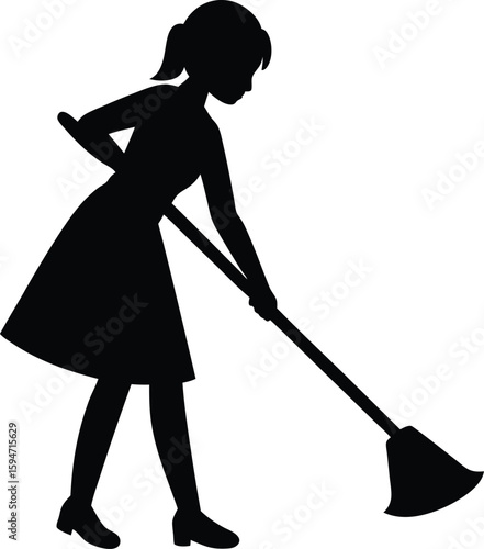 Girl Sweeping the Floor silhouette vector art illustration