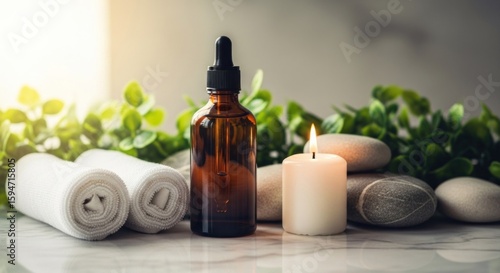Spa Oil, candle, towels, rocks, greenery, relaxation
