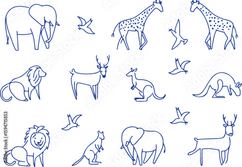 Diverse animals and birds depicted in simple blue line art elephant giraffe