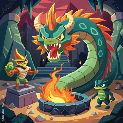 Fiery red cartoon dragon illustration design with a monstrous head and symbolic flame art
