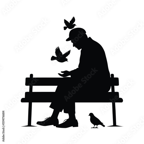 Black silhouette of an elderly person sitting on a chair relaxing gracefully