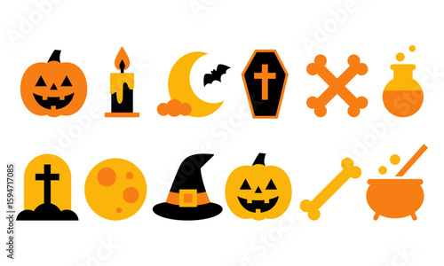 フラットなハロウィンアイコンセット（カラー）
