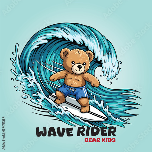 Surfing bear riding big ocean wave in beach shorts cartoon vector style