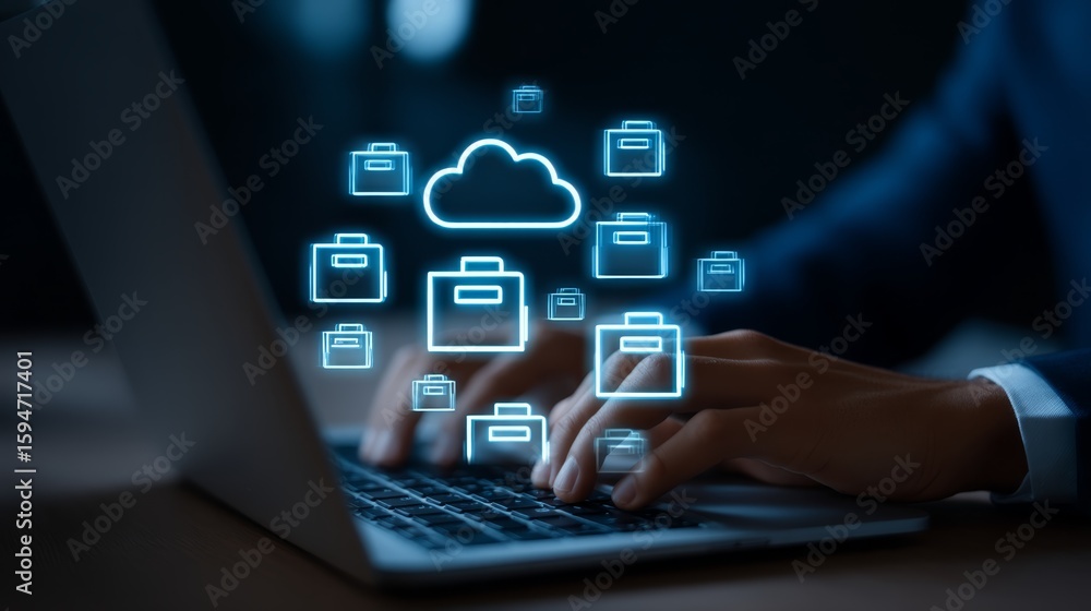 Streamlining Business Operations: Man Using Laptop for Cloud Storage and Document Management System with Copy Space for Text Streamlining Business Operations: Man Using Laptop for Cloud Storage and Document Management System with Copy Space for Text