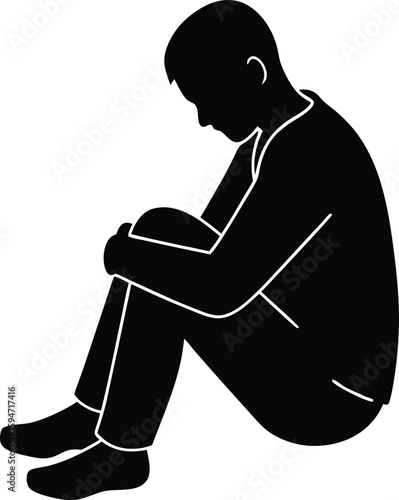 Sad Man Sitting Alone silhouette vector art illustration