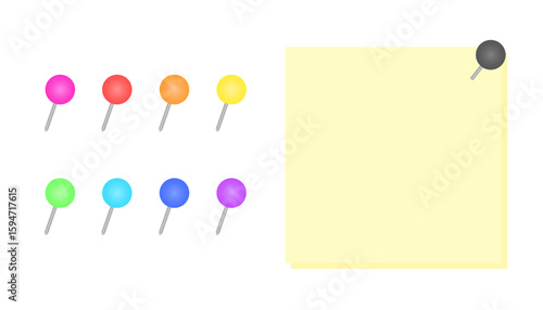 Set of 9 colorful round-head push pins with flat design and slight shading. Suitable for organizing papers or marking notes.
