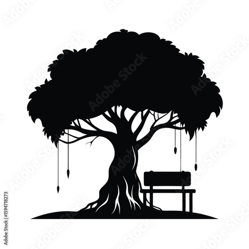 Silhouette of a rustic wooden bench placed beside a large traditional banya steam house