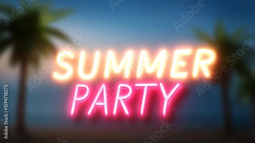 Summer party neon sign against a tropical background with palm trees. Inviting and colorful image for summer themed event