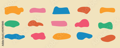 Collection of shapeless shapes, blots, spots. Set of organic figures of irregular shape. Figures with shape deformation. Modern uneven spots. 