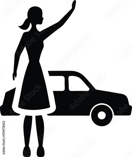 Woman Hailing Taxi silhouette vector art illustration