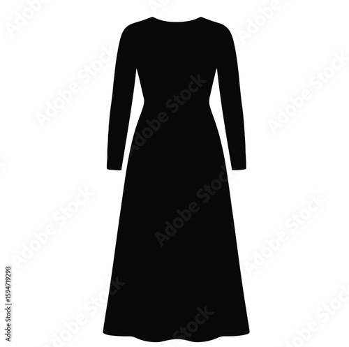 Silhouette of long sleeve full-length dress with fitted bodice and flowing skirt