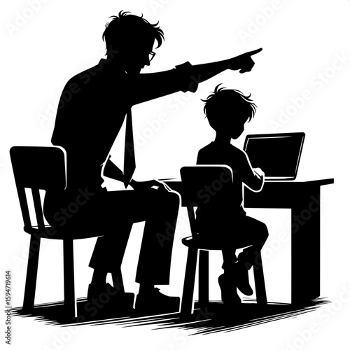 Black and White Vector Silhouette of a Man Teaching Boy via Laptop