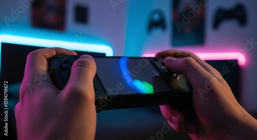 A close-up of a gamer's hands, intensely focused on a handheld gaming console, with a blurred background of a bedroom with neon lights.