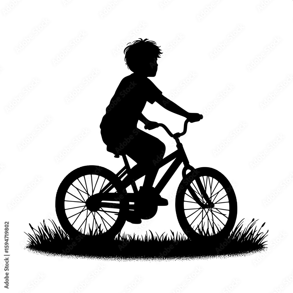 Obraz premium Black and White Vector Silhouette of a Boy Cycling Outdoors