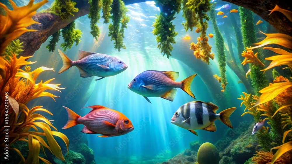 Fototapeta premium Vibrant Reef Scene Featuring Four Colorful Fish Swimming Amongst Lush Underwater Flora and Sunlight Beams