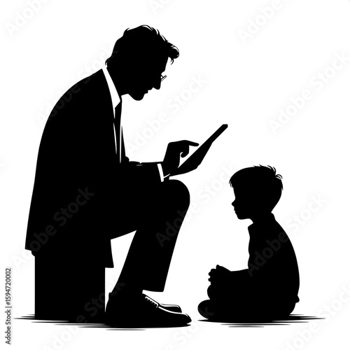 Black and White Vector Silhouette of a Man Reading Story on Tablet to Boy