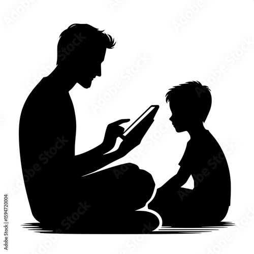 Black and White Vector Silhouette of a Man Reading Story on Tablet to Boy