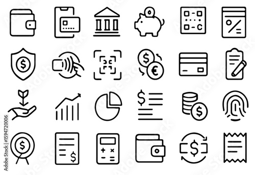 Finance and Fintech UI UX Line Icon Set for Digital Banking, Budgeting, Investment, and Crypto Wallets for Mobile Apps, Web Dashboards, and Fintech Interfaces