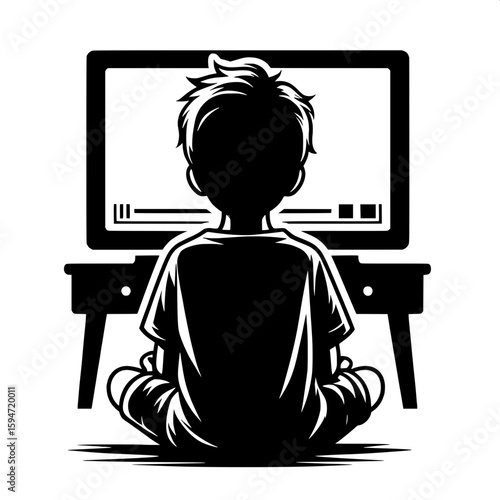 Black and White Vector Silhouette of a Boy Watching Educational Video