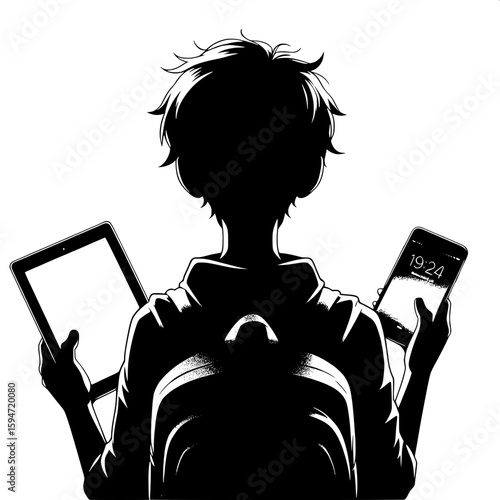 Black and White Vector Silhouette of a Boy Holding Tablet and Smartphone