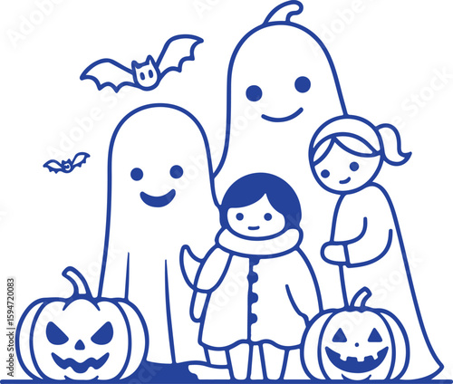 Happy ghosts and children with pumpkins and bats halloween