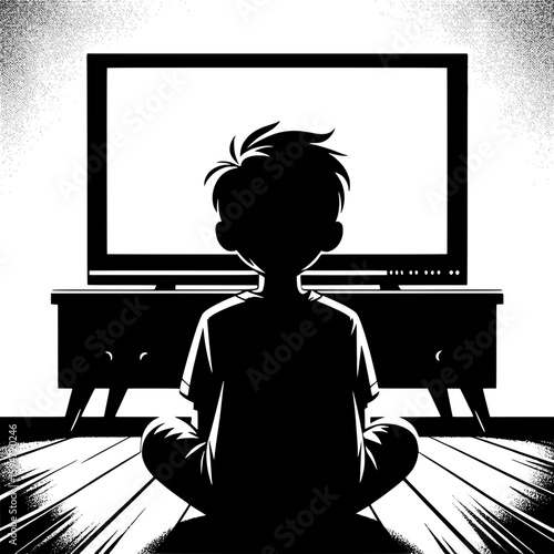 Black and White Vector Silhouette of a Boy Watching Educational Video